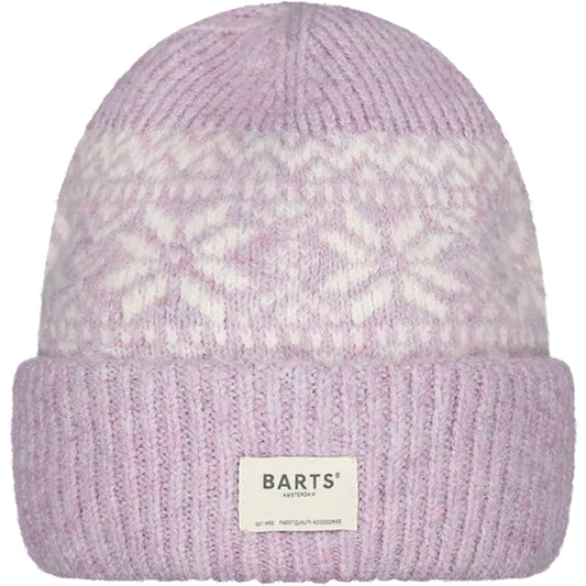 Pink knitted Negomba beanie with Nordic pattern and Barts logo on a white background