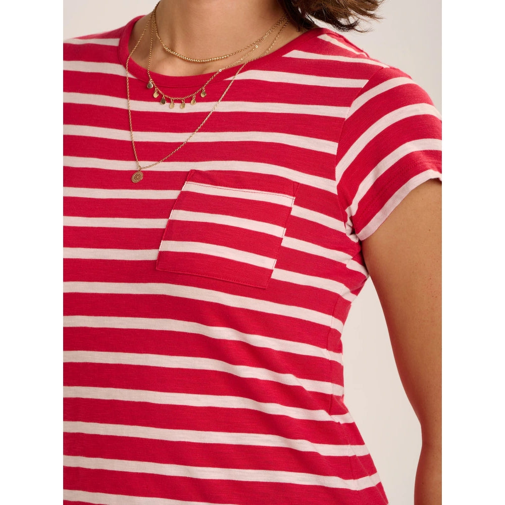 Close-up view of a woman wearing a Brakeburn red and white stripe Coastline short sleeve t-shirt with a pocket on the chest.
