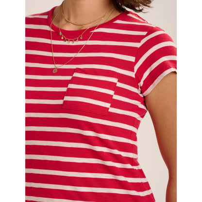 Close-up view of a woman wearing a Brakeburn red and white stripe Coastline short sleeve t-shirt with a pocket on the chest.