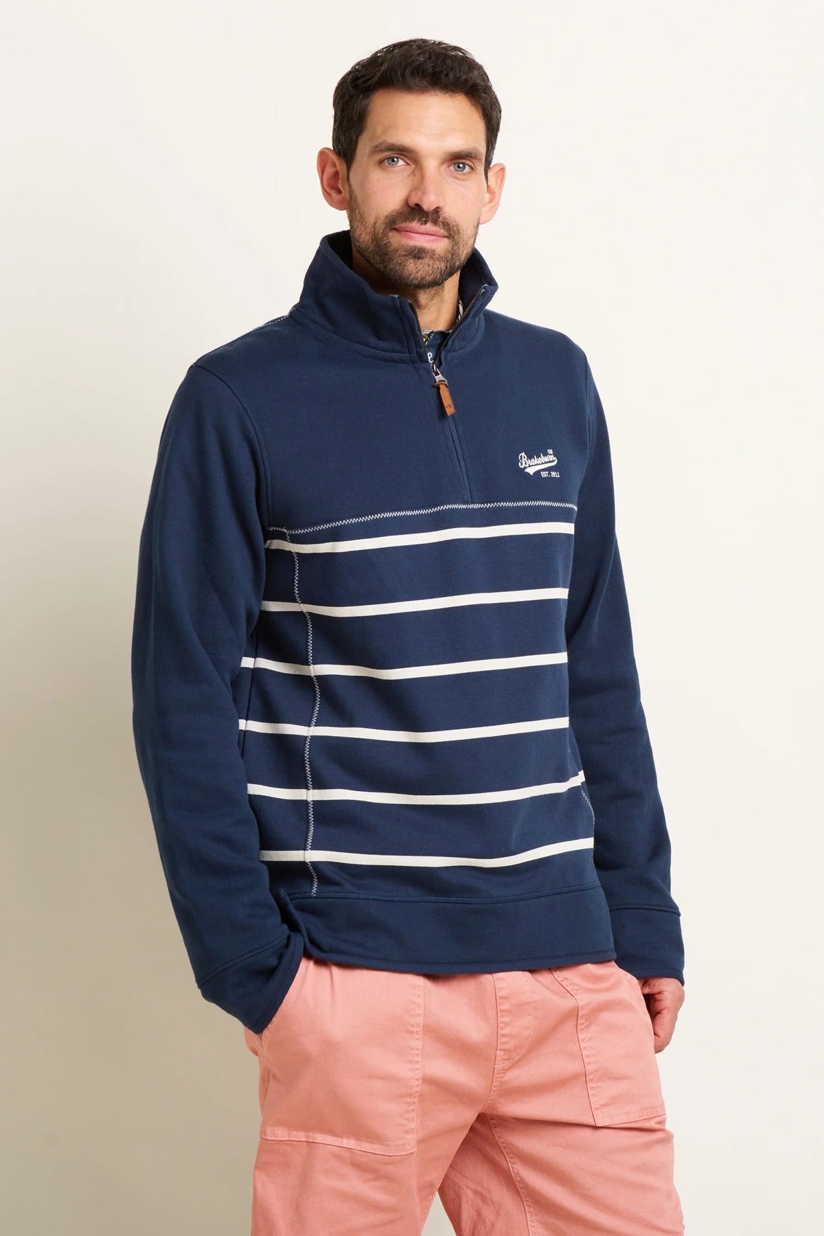 Brakeburn mens stripe sweatshirt navy with white horizontal stripes and quarter zip collar