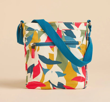 Brakeburn multicoloured cross body bag falling leaves pattern with blue adjustable strap and front zipper pocket