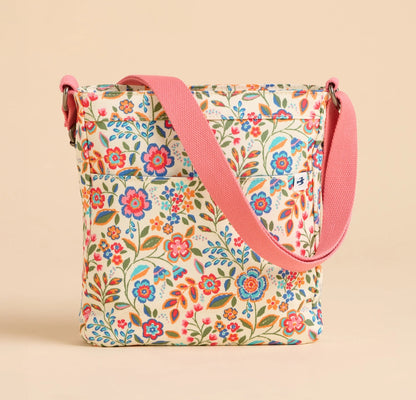 Brakeburn Secret Garden floral cross body bag with pink strap and colorful flower pattern