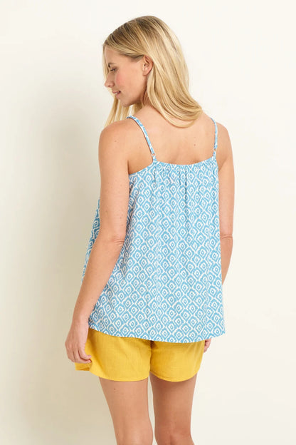 Brakeburn womens blue camisole with white geometric pattern and adjustable straps shown from back