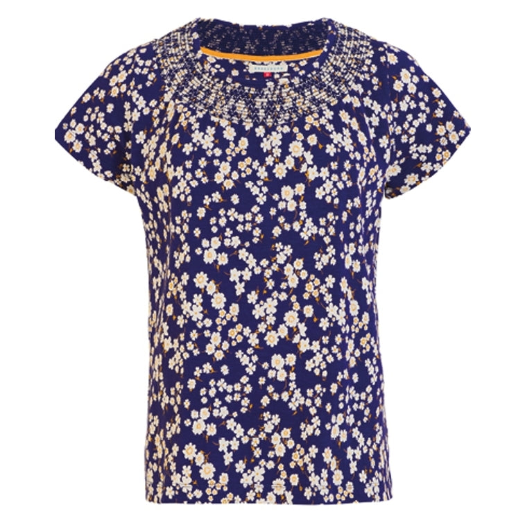 Front view of a Brakeburn womens Floating Daisy t-shirt in navy blue with a small white floral pattern on a white background
