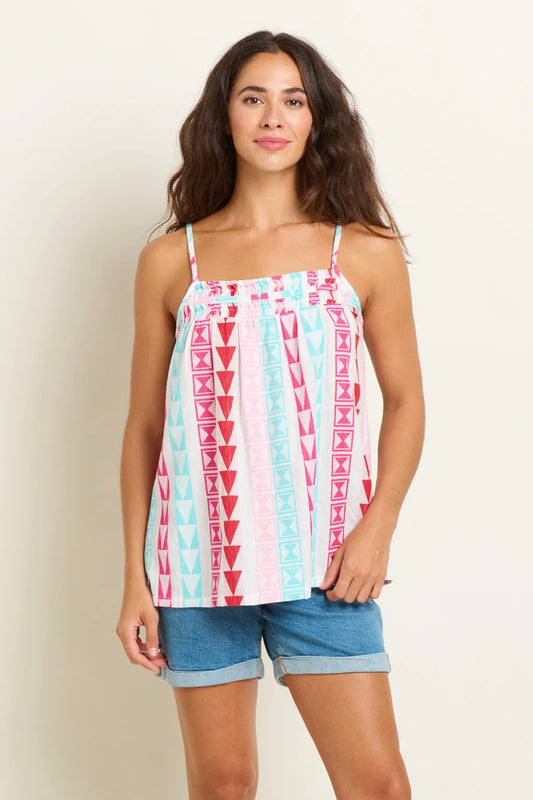 Brakeburn womens Rosie vest with colorful geometric pattern and thin straps styled with denim shorts