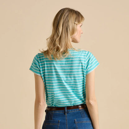 Back view of a woman wearing an aqua and fine white stripe short sleeve Brakeburn tee, on a beige background