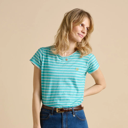 Front view of a woman wearing a Brakeburn short sleeve t-shirt in aqua with white stripes, on a cream background
