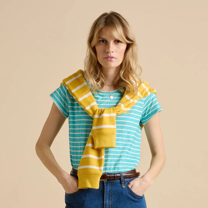 Woman wearing a Brakeburn short sleeve aqua and white stripe tee, with jeans and a yellow jumper, on a beige background