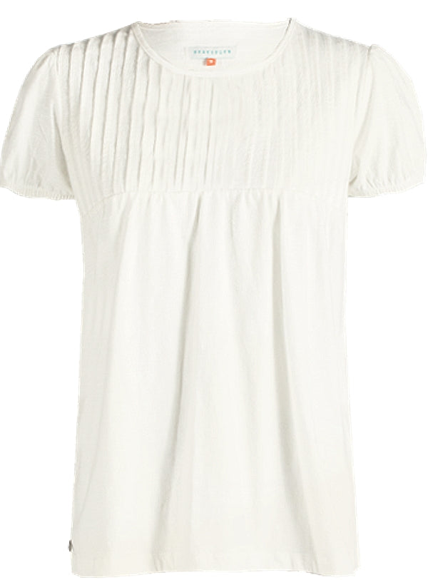 A Brakeurn womens short sleeve Suri blouse in white with pintuck detail on the chest on a white background