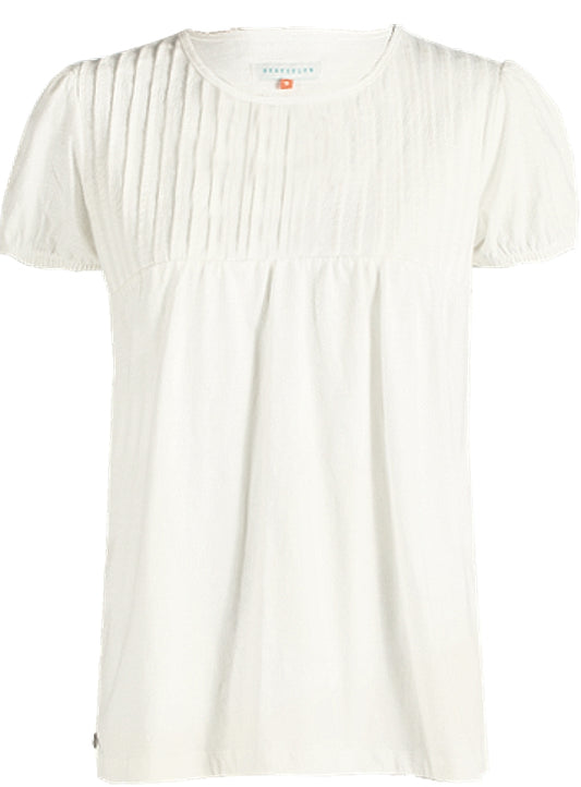 A Brakeurn womens short sleeve Suri blouse in white with pintuck detail on the chest on a white background