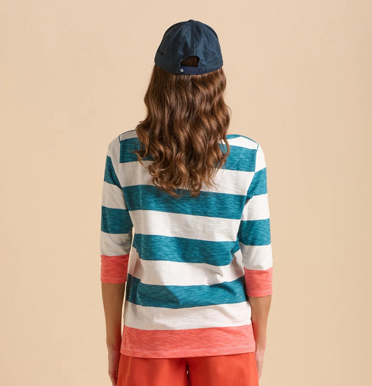 Rear view of woman wearing Brakeburn womens stripe t-shirt with teal and white stripes and coral accents