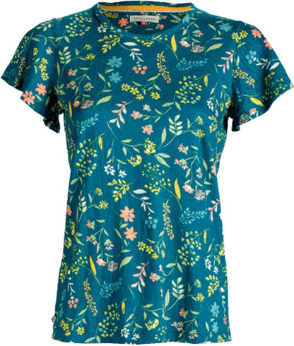 Brakeburn womens teal t-shirt with colourful floral pattern on a white background