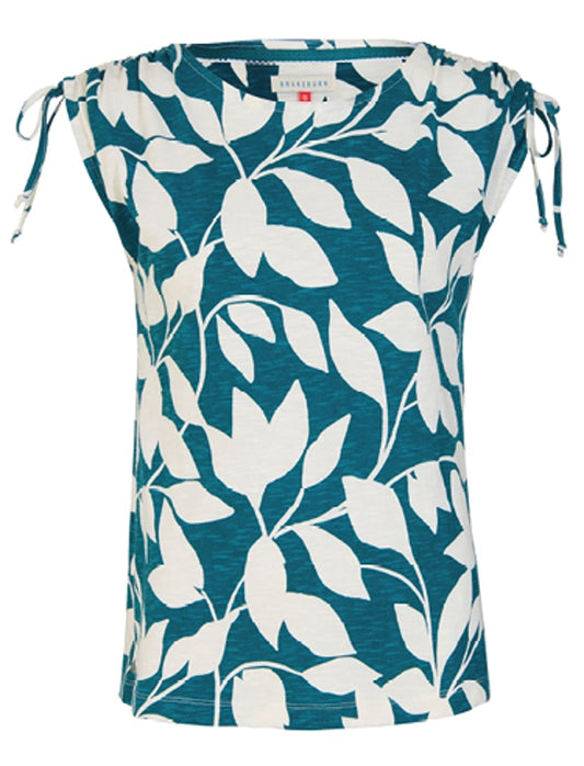 Brakeburn womens woodland leaves t-shirt in teal with white leaf print and tie shoulder details
