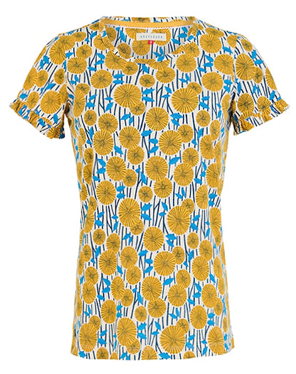 Brakeburn womens yellow t-shirt with blue and yellow floral pattern and short ruffled sleeves