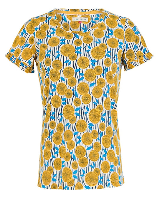 Brakeburn womens yellow t-shirt with blue and yellow floral pattern and short ruffled sleeves