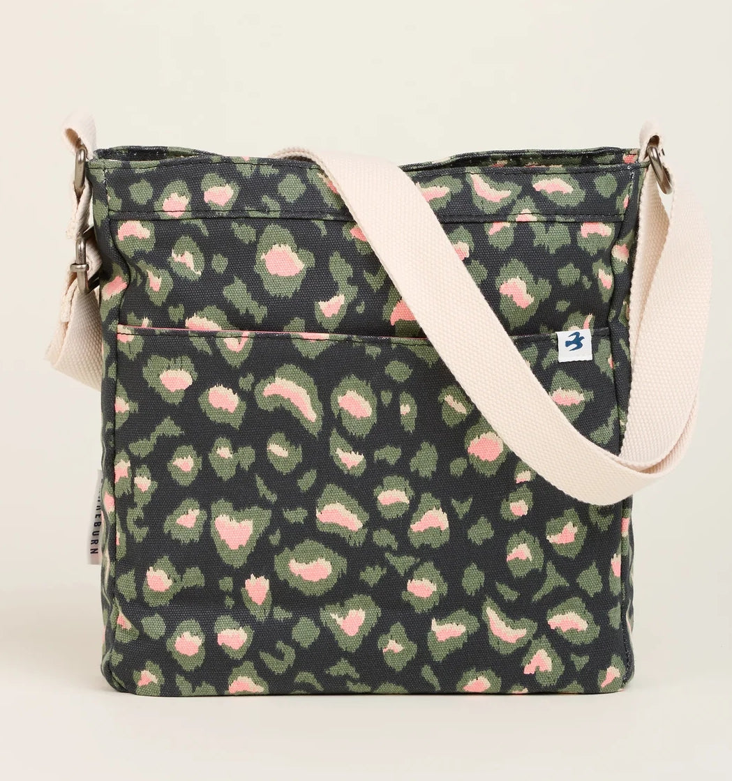 Brakeburn Khaki Leopard Print Large Cross Body Bag - Charcoal Grey
