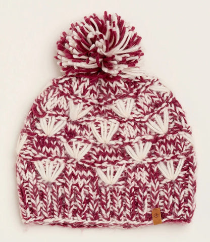 Brakeburn adults knitted beanie bobble hat in Burgundy with a White Fan pattern.
