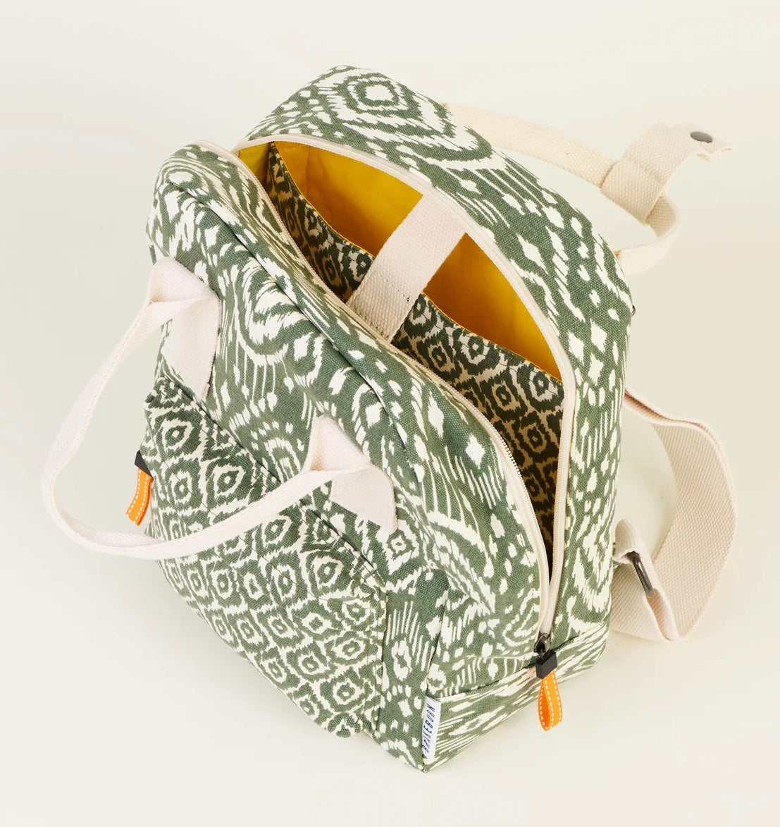 Brakeburn Ikat Mix backpack in a Khaki Aztec style print with padded internal laptop pocket.