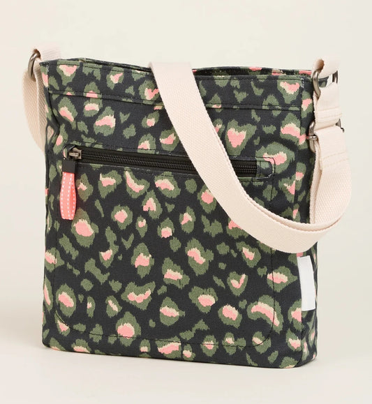 Brakeburn Khaki Leopard Print Large Cross Body Bag - Charcoal Grey