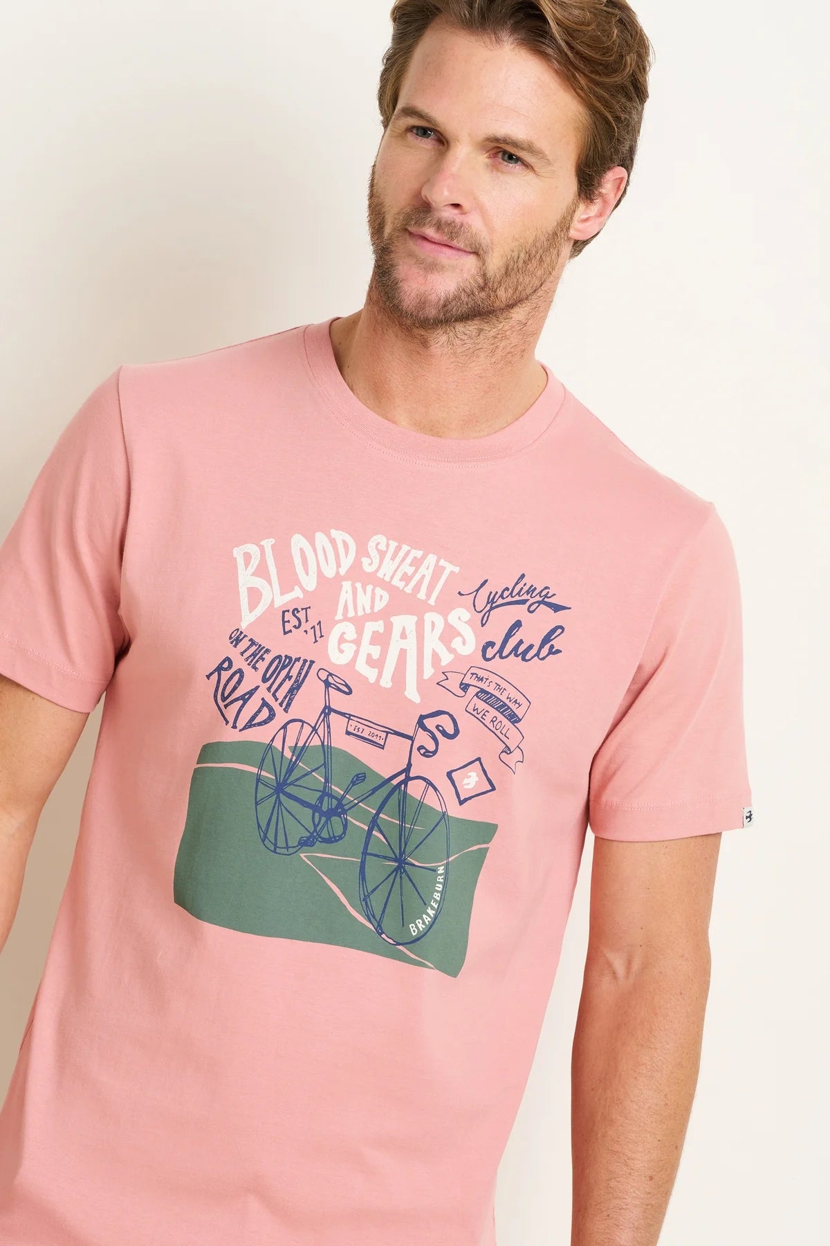 Blood, Sweat and Gears cycling themed printed mens short sleeve t-shirt from Brakeburn in pink.