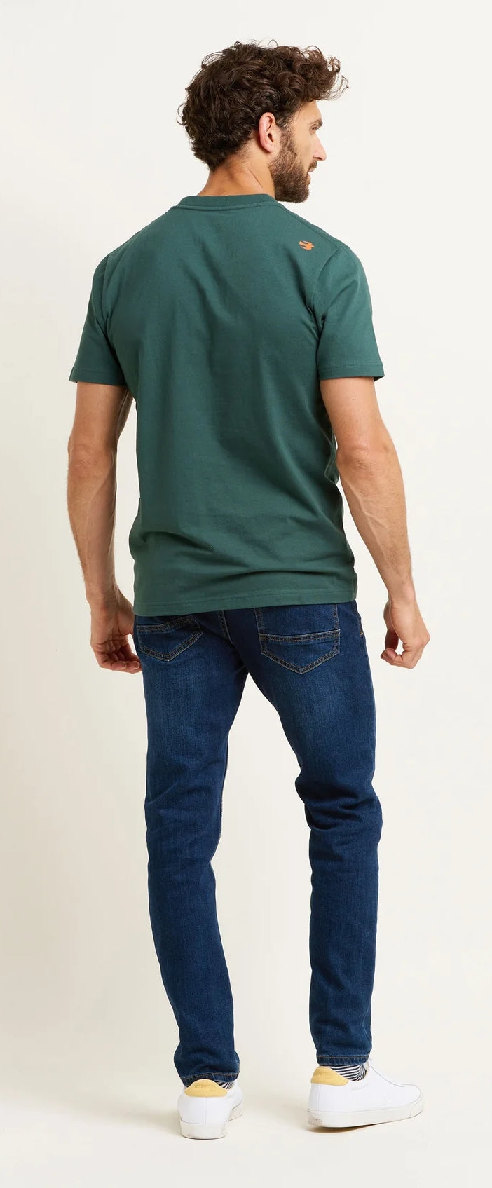 Men's Brakeburn Blood, Sweat and Gears printed tee in khaki green with a small bird logo on the back of one shoulder. 