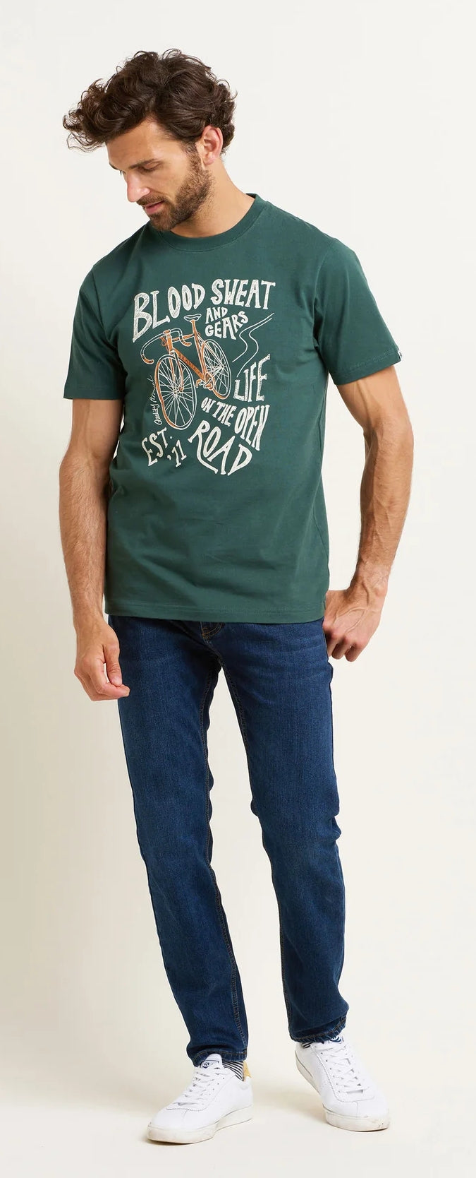 Men's Brakeburn short sleeved t-shirt in khaki green with a bicycle themed print on the front reading 'Blood, Sweat and Gears'.