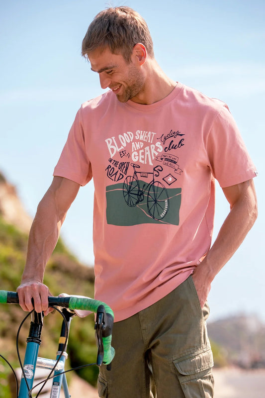Brakeburn men's Blood, Sweat and Gears short sleeve printed t-shirt in pink.