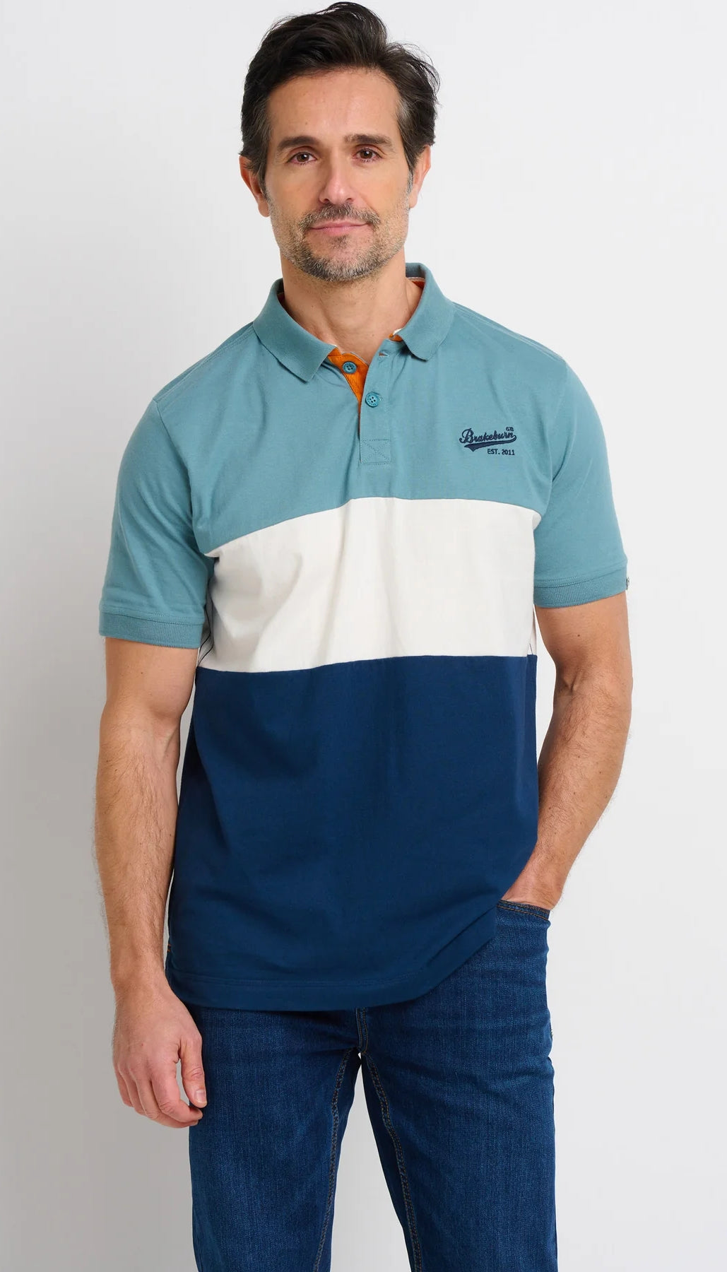 Men's colour block style short sleeve polo shirt from Brakeburn in blue.