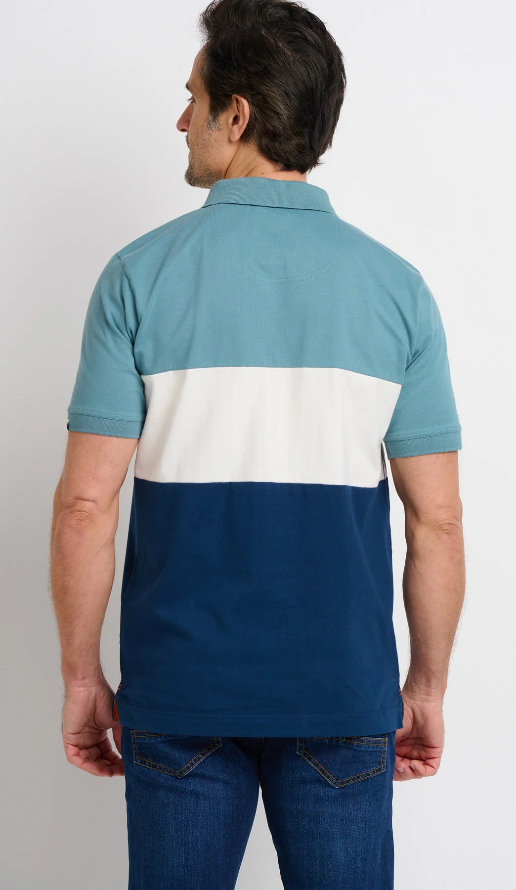Short sleeve colour block style polo shirt for men from Brakeburn in blue.