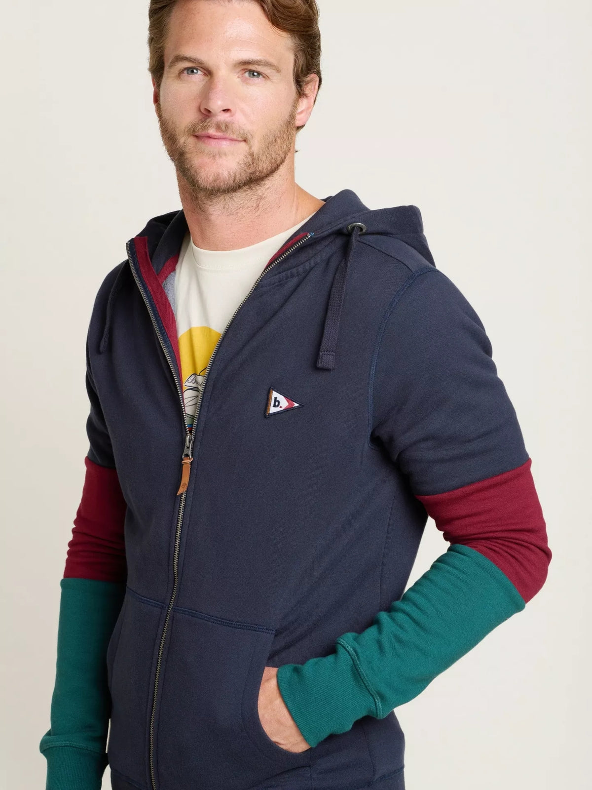 Brakeburn Mens Colour Block Zip Through Hoodie - Navy