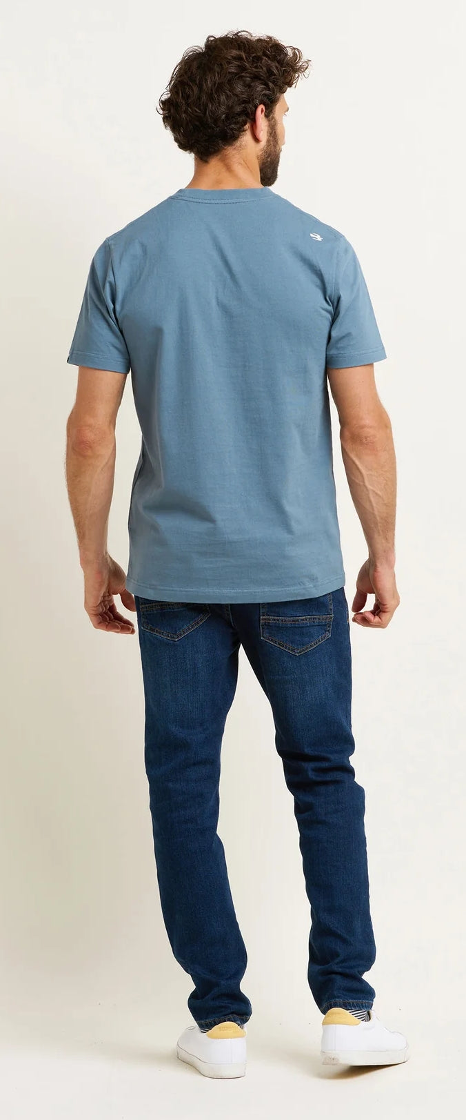 Brakeburn mens blue t-shirt with a white surf style print across the chest.