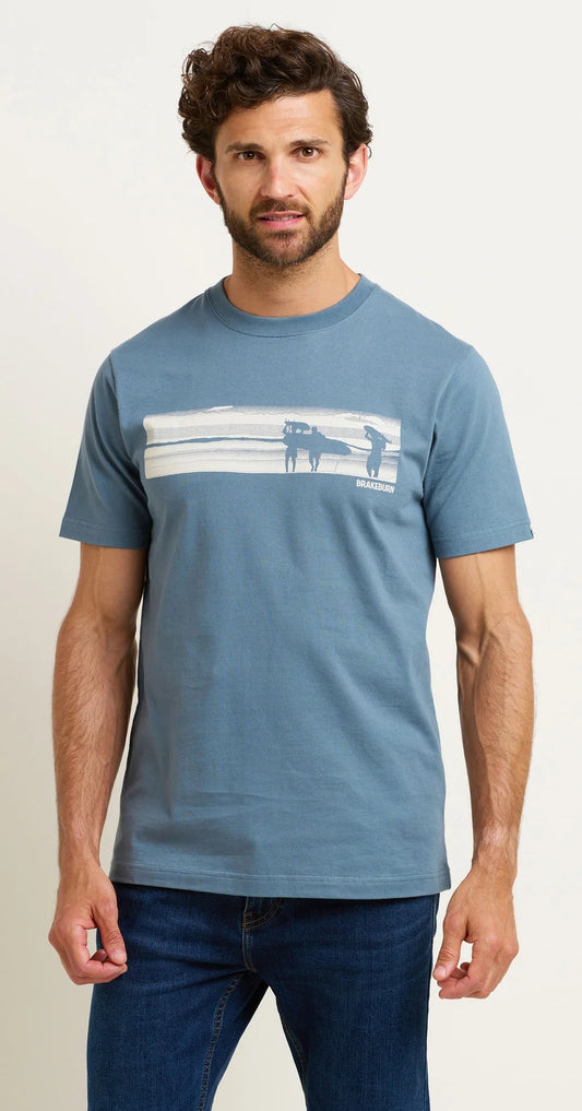 Brakeburn men's short sleeve tee in blue with a white half tone surf print across the chest.