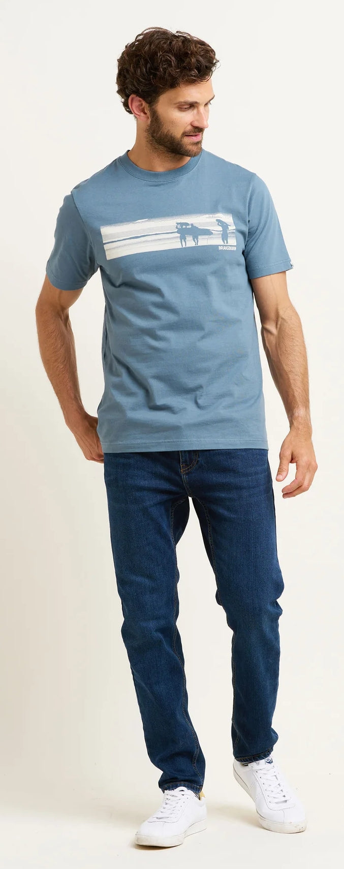 Surf style printed t-shirt from Brakeburn in blue with a white print across the chest.