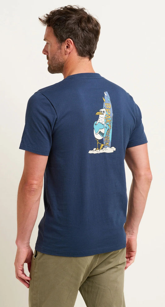 Navy men's t-shirt from Brakeburn with large print on the back of a seagull standing next to a surfboard.