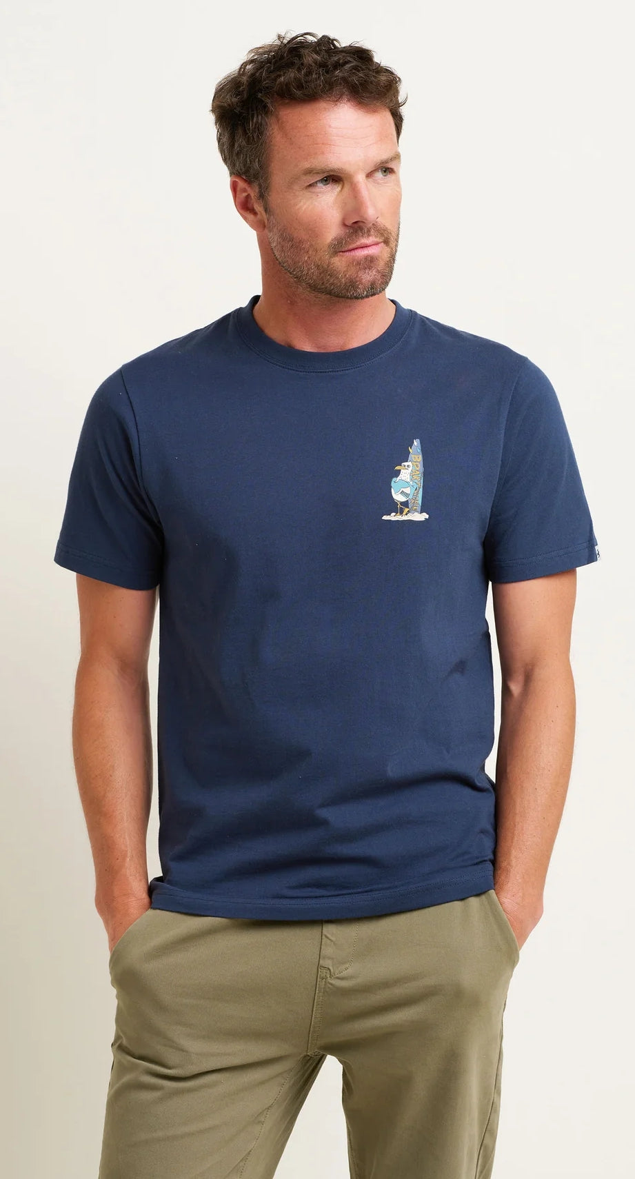 Front view of a men's navy Brakeburn Seagull print t-shirt.