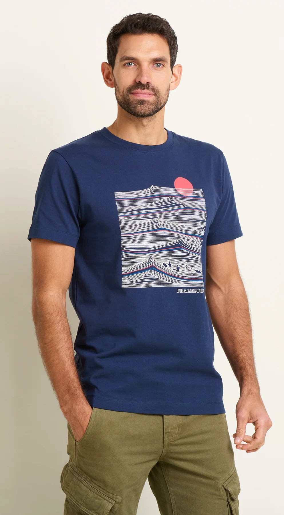 Brakeburn men's Sitting Surfers printed short sleeve t-shirt in navy.