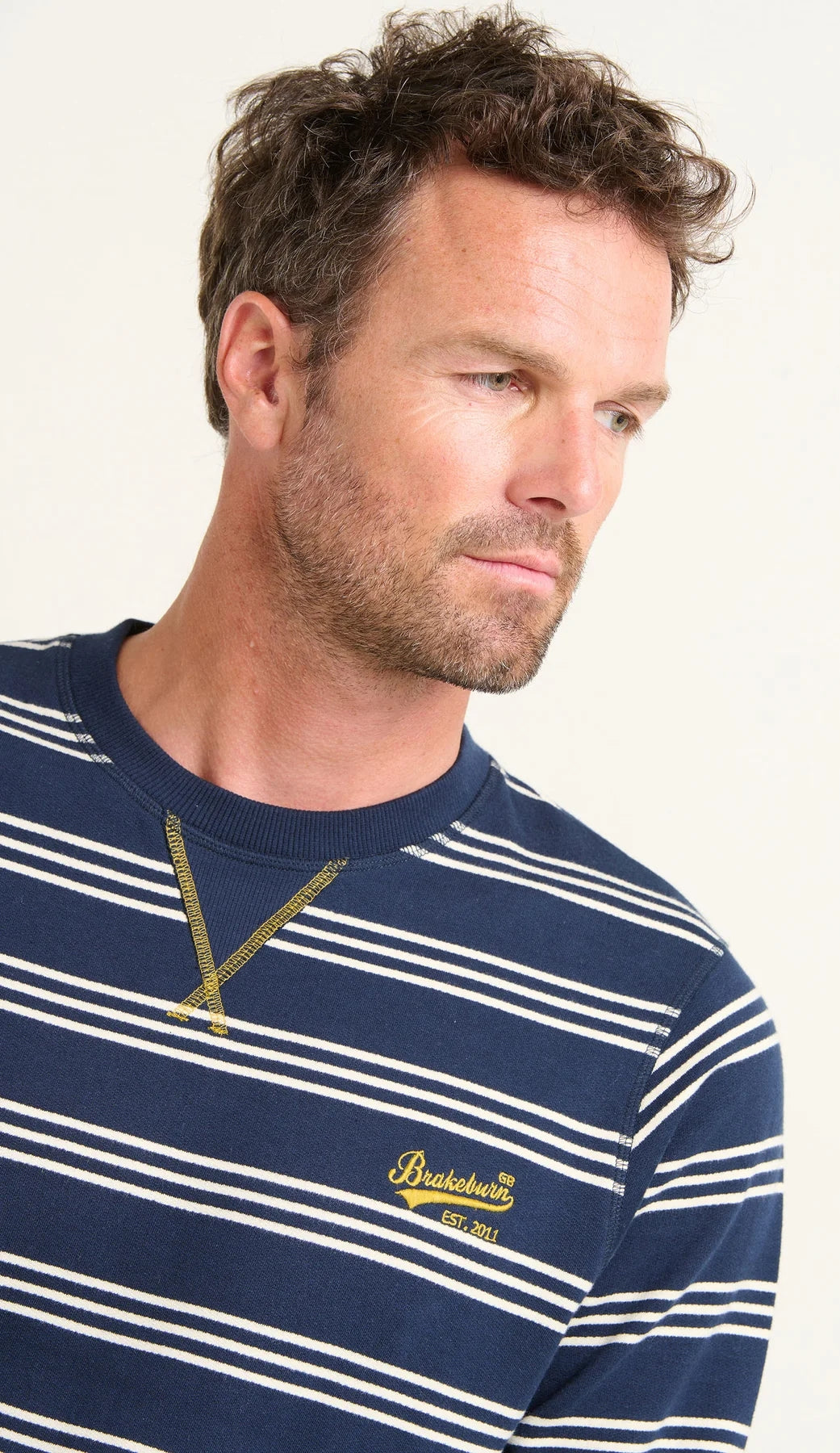 Brakeburn Mens Stripe Crew Neck Sweatshirt - Navy Blue
