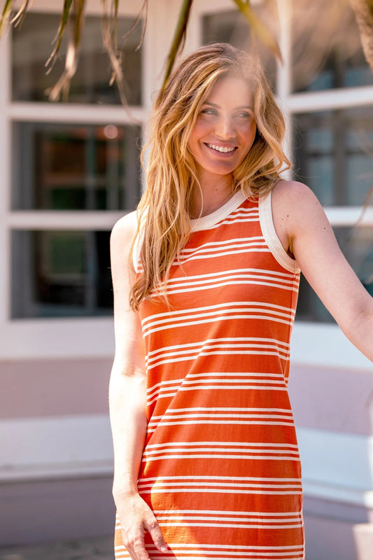 Brakeburn Womens Ava Stripe Sleeveless Dress - Coral