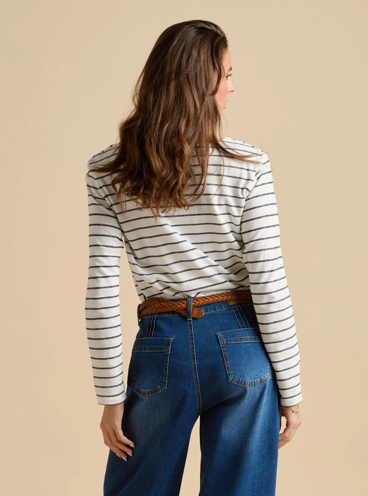 Long sleeve women's Bella Crew top from Brakeburn in white with a navy stripe pattern.

