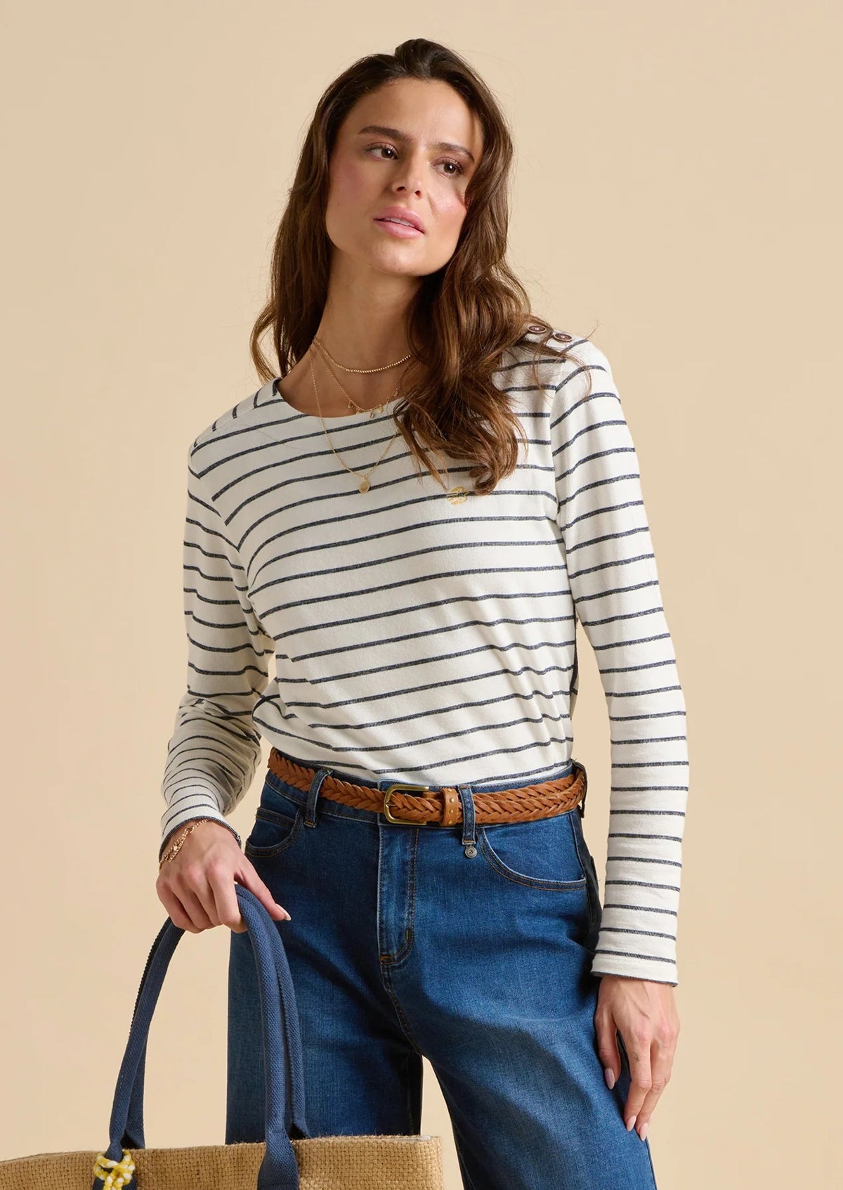 Brakeburn women's long sleeve Bella Crew top in white with a navy stripe pattern.

