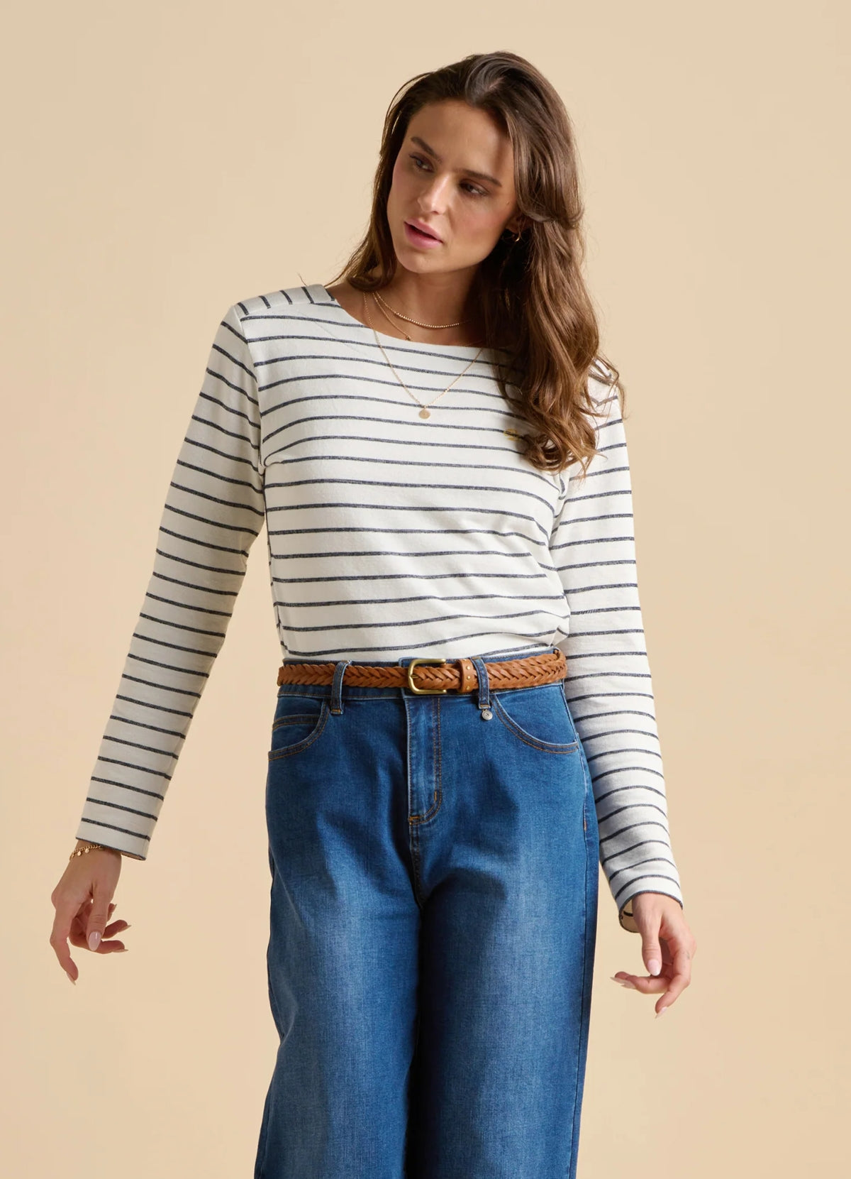 Women's Brakeburn long sleeve Breton stripe pattern Bella Crew top in white and navy.