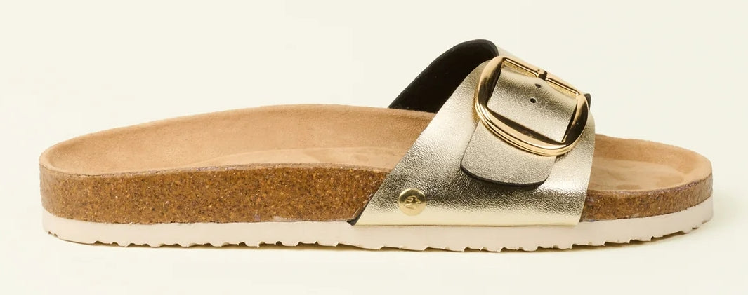 Women's slip on metallic gold buckle strap sandals from Brakeburn.