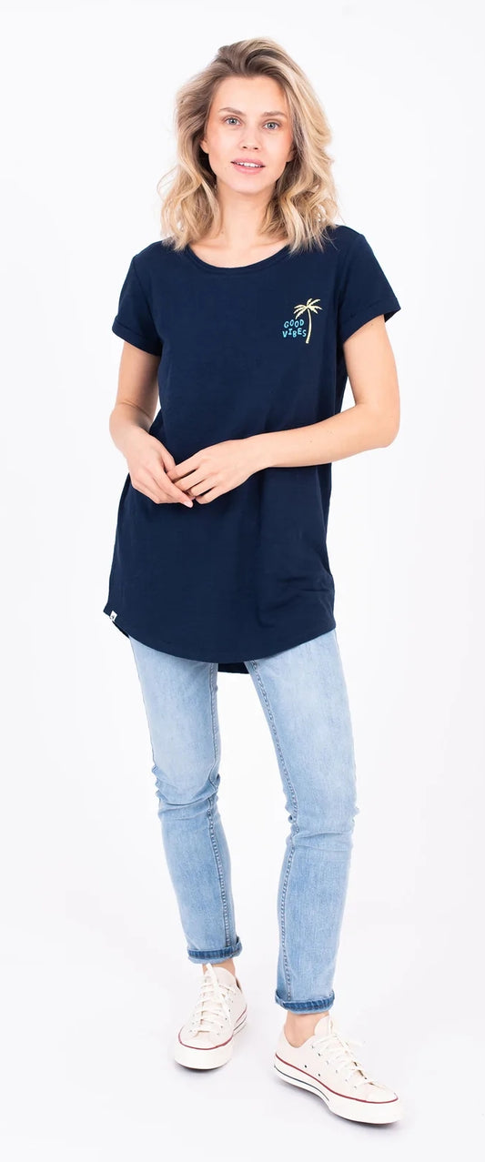 A women's short sleeve longline navy Good Vibes t-shirt from Brakeburn.