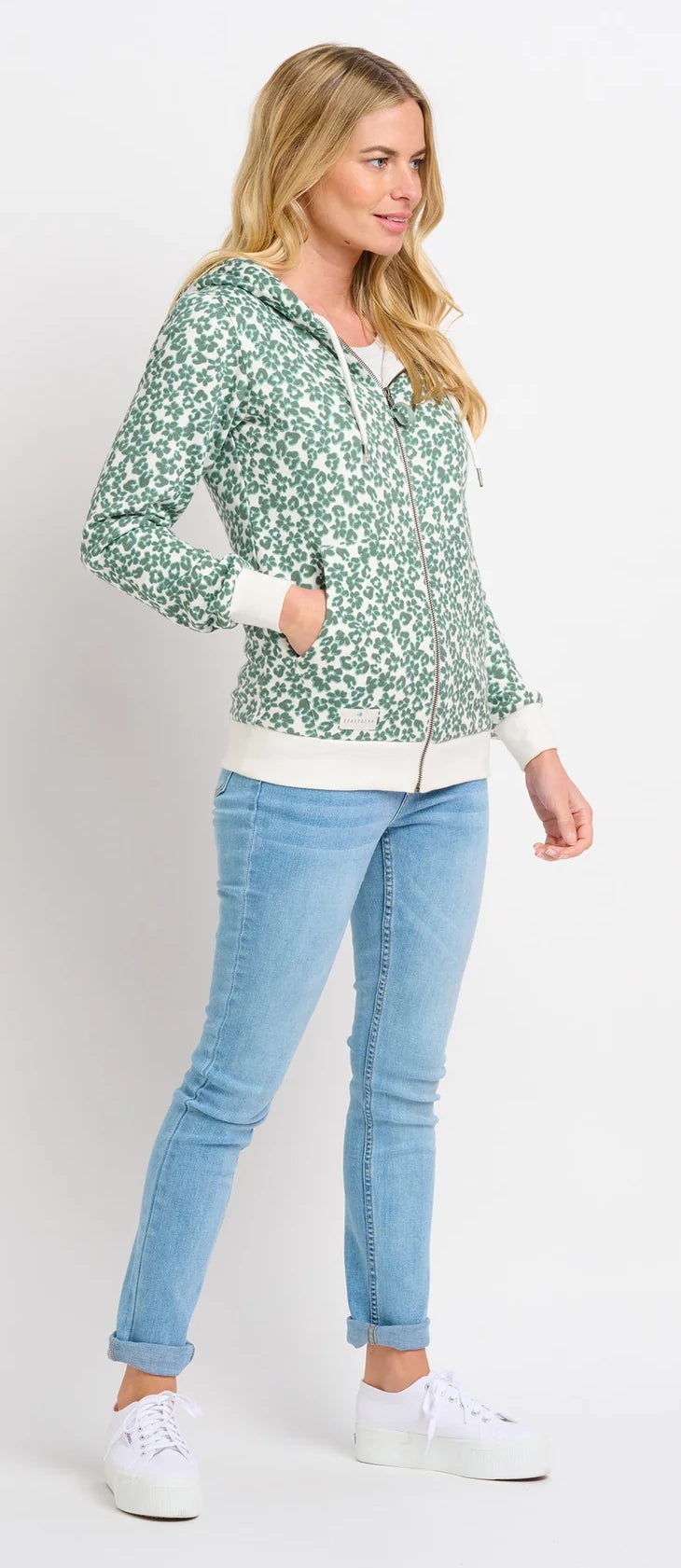 Women's zip through style hoody with a unique leopard floral print from Brakeburn in khaki green.