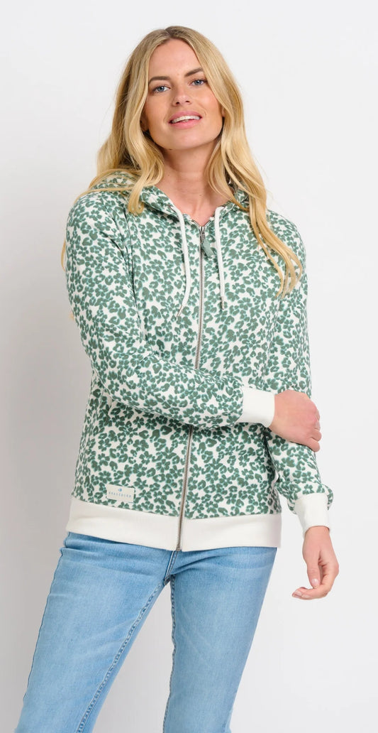 Women's leopard floral print zip through hoodie from Brakeburn in khaki green.