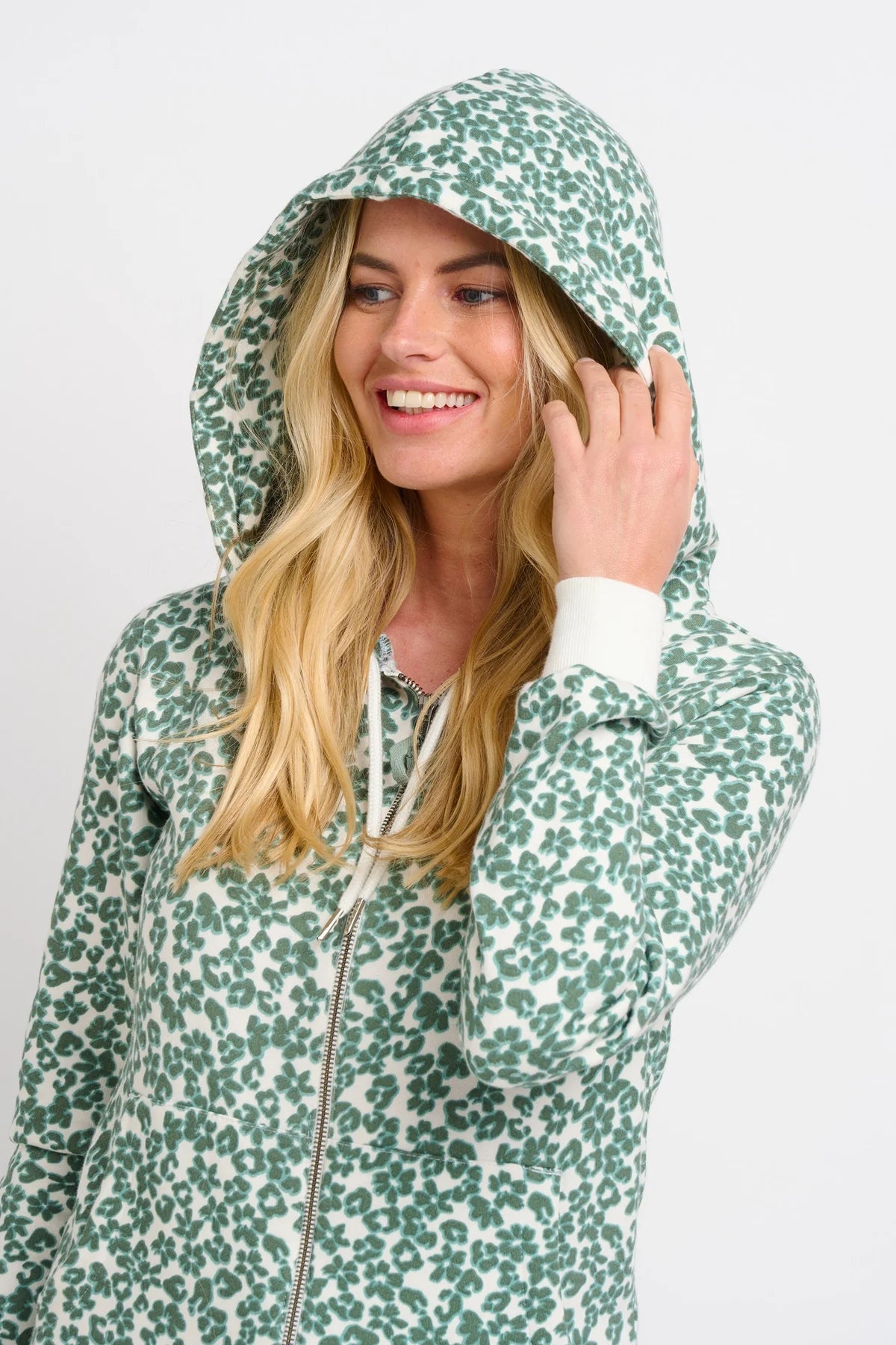 A unique leopard animal and floral print zip through women's hoodie from Brakeburn.