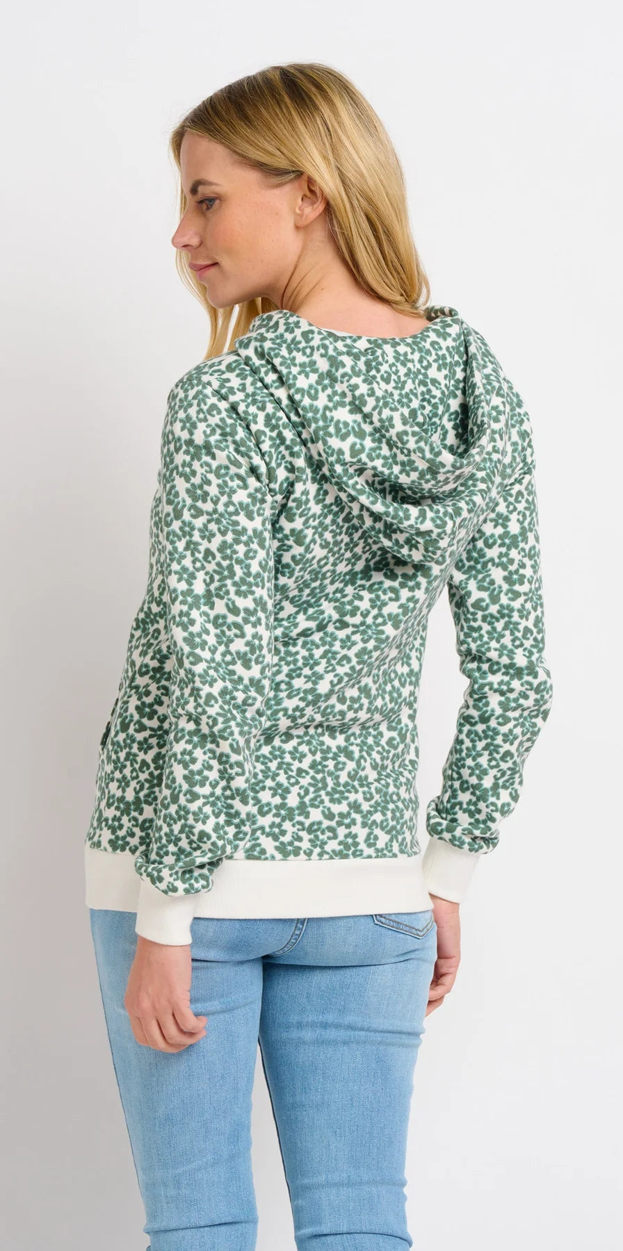 Women's leopard floral printed zip through hooded sweatshirt from Brakeburn in khaki green.