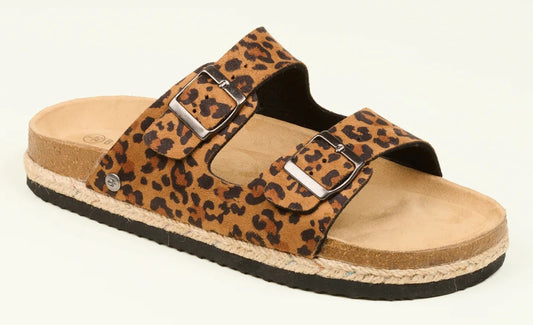 Brakeburn women's leopard print flatform sandals with double buckle straps.