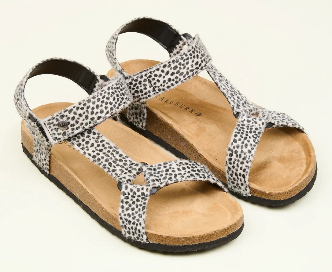 Brakeburn women's faux fur leopard print open toe ankle strap sandals.