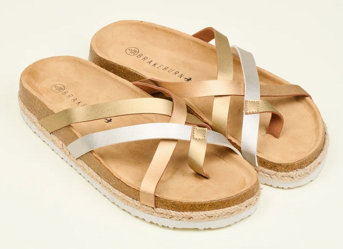 Brakeburn women's toepost multi metallic crossover strap sandals.